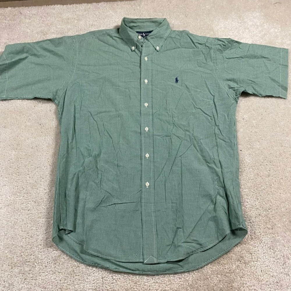 Polo Ralph Lauren Shirt Mens M Green Gingham Cotton Short Sleeve Blaire Preppy